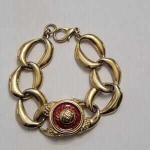 Vintage Gold Tone Chunky Link Bracelet w Red Cabochon Medallion, Lobster Clasp
